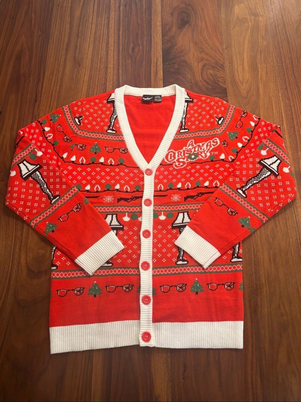 A Christmas Story Women's Red Holiday Button Front Cardigan Sweater Medium NWOT